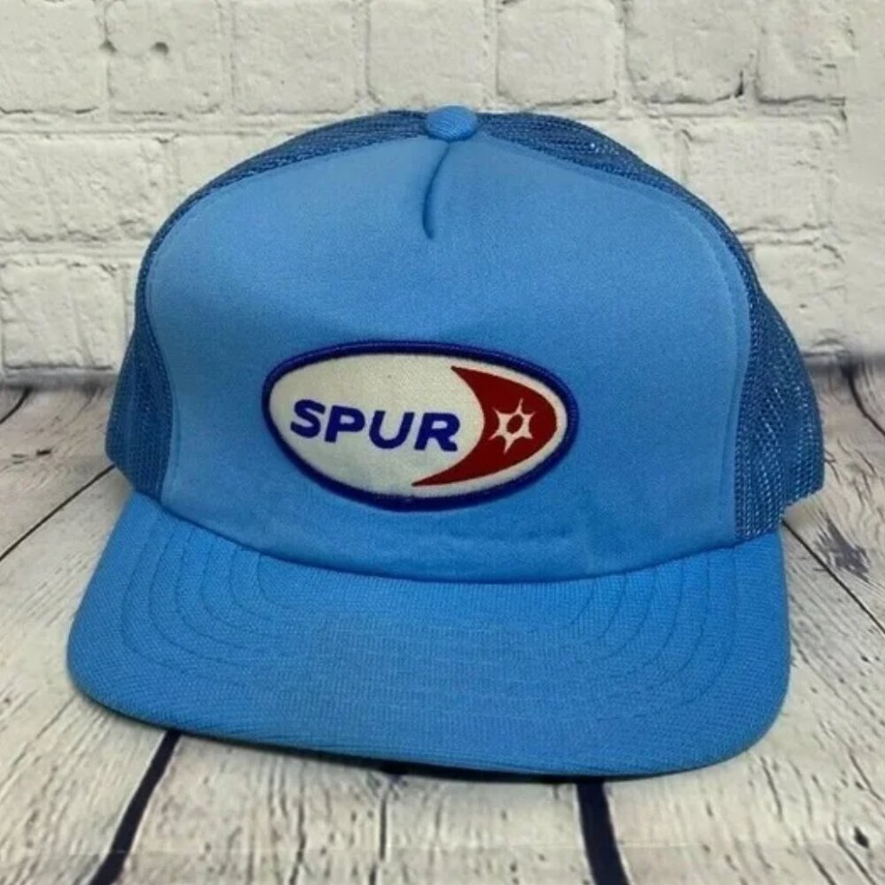 Vintage Hat Cap Snapback Blue Spur Petroleum Trucker Mesh Patch Oilfield Oil Gas